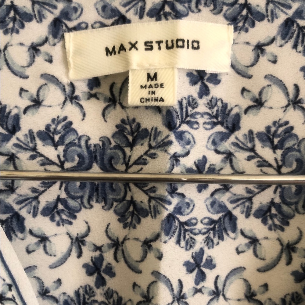 Max Studio White Top with Blue Floral Motif